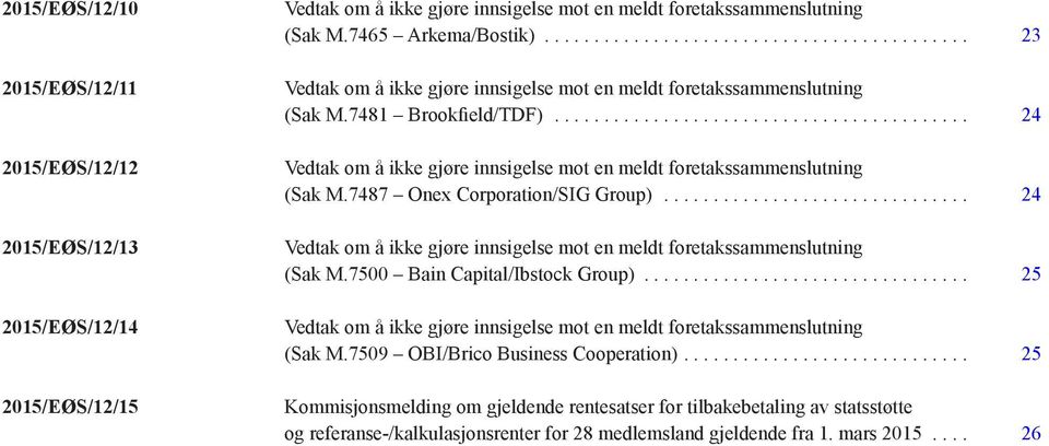 7487 Onex Corporation/SIG Group)... 24 Vedtak om å ikke gjøre innsigelse mot en meldt foretakssammenslutning (Sak M.7500 Bain Capital/Ibstock Group).