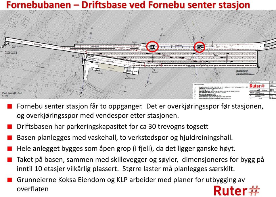 Driftsbasen har parkeringskapasitet for ca 30 trevogns togsett Basen planlegges med vaskehall, to verkstedspor og hjuldreiningshall.