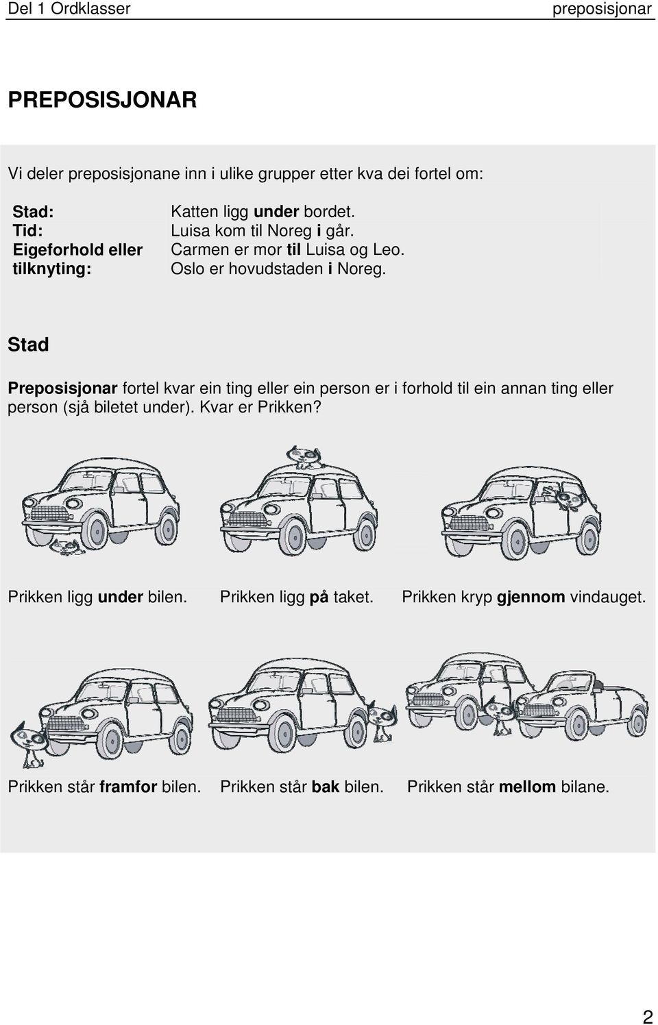 Stad Preposisjonar fortel kvar ein ting eller ein person er i forhold til ein annan ting eller person (sjå biletet under).