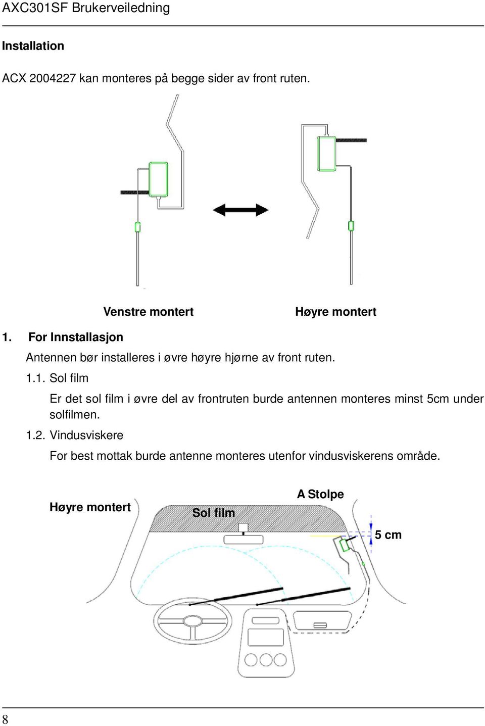 1. Sol film Er det sol film i øvre del av frontruten burde antennen monteres minst 5cm under solfilmen.