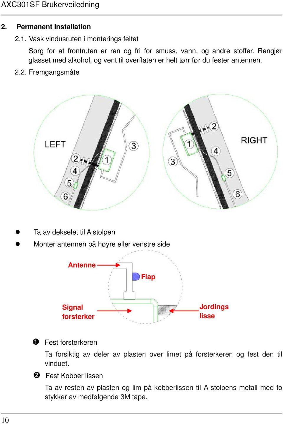 2. Fremgangsmåte Ta av dekselet til A stolpen Monter antennen på høyre eller venstre side Antenne Flap Signal forsterker Jordings lisse ➊ Fest