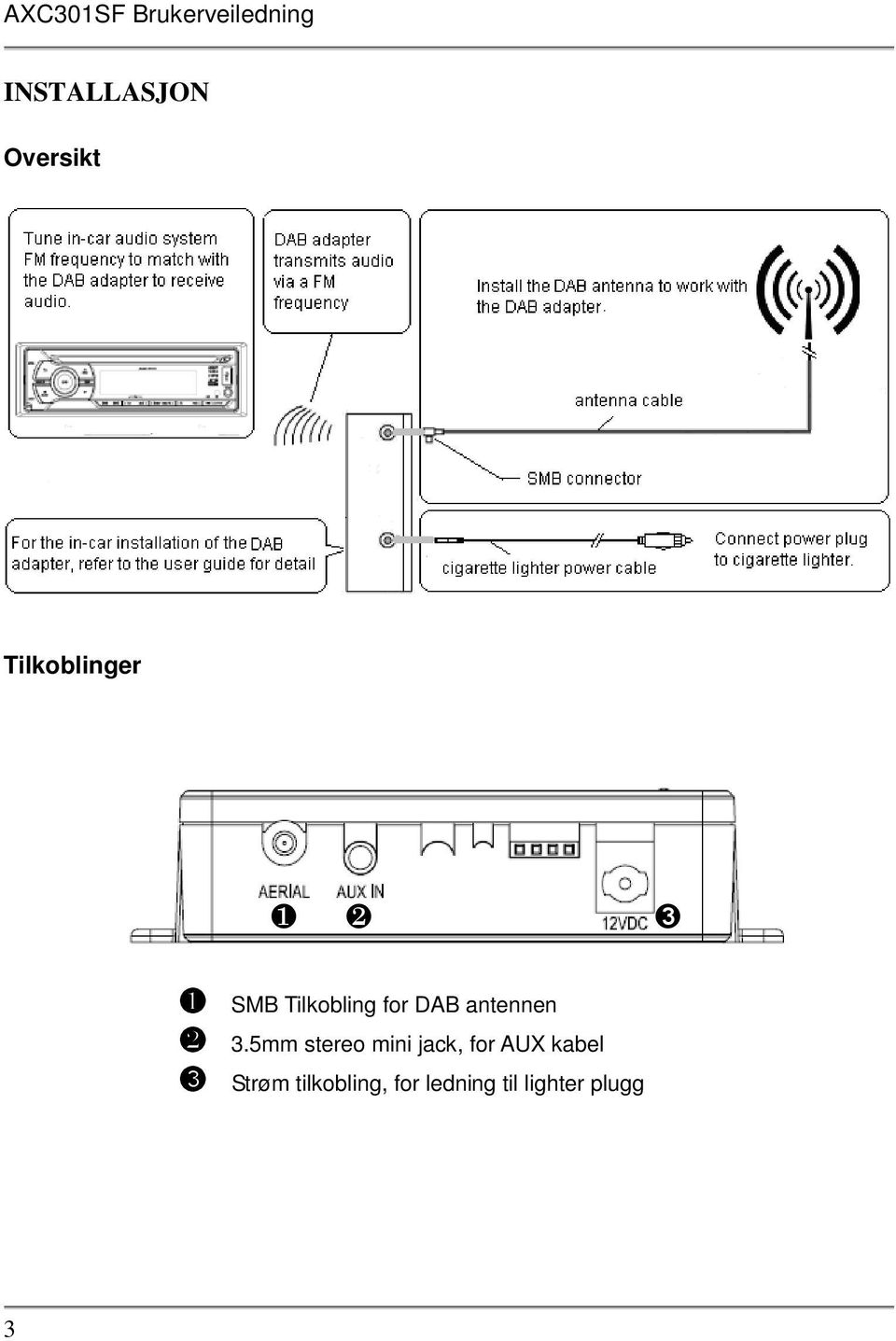 5mm stereo mini jack, for AUX kabel ➌