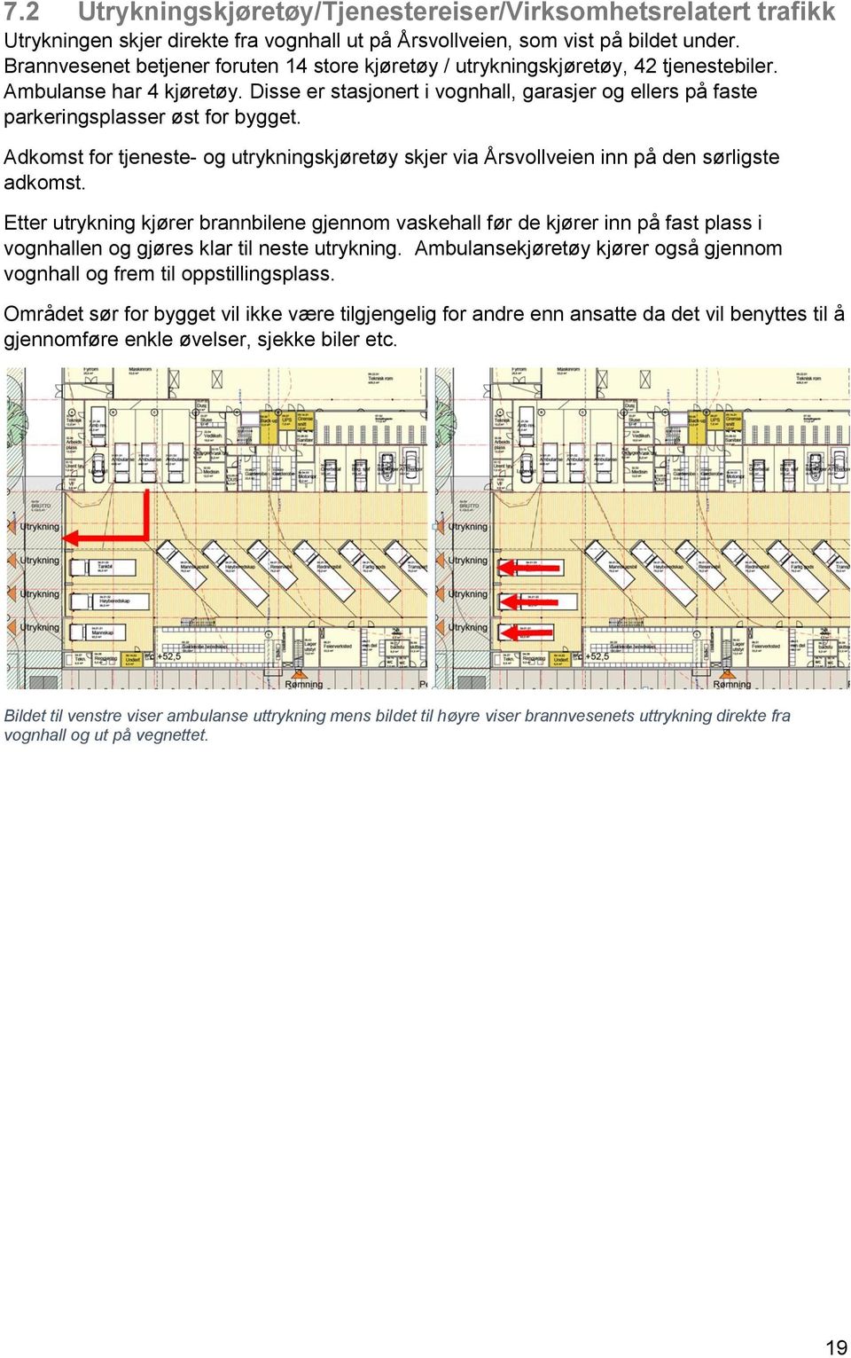 Disse er stasjonert i vognhall, garasjer og ellers på faste parkeringsplasser øst for bygget. Adkomst for tjeneste- og utrykningskjøretøy skjer via Årsvollveien inn på den sørligste adkomst.