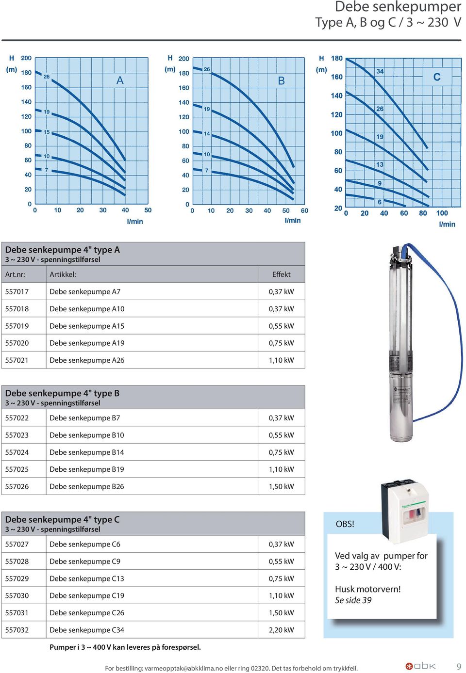 senkepumpe 4" type B 3 ~ 230 V - spenningstilførsel 557022 Debe senkepumpe B7 0,37 kw 557023 Debe senkepumpe B10 0,55 kw 557024 Debe senkepumpe B14 0,75 kw 557025 Debe senkepumpe B19 1,10 kw 557026