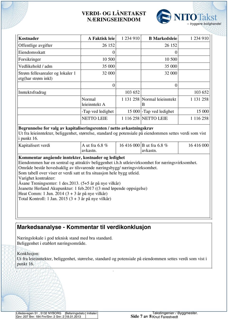 LEIE 1 116 258 NETTO LEIE 1 116 258 Begrunnelse for valg av kapitaliseringsrenten / netto avkastningskrav Ut fra leieinntekter, beliggenhet, størrelse, standard og potensiale på eiendommen settes