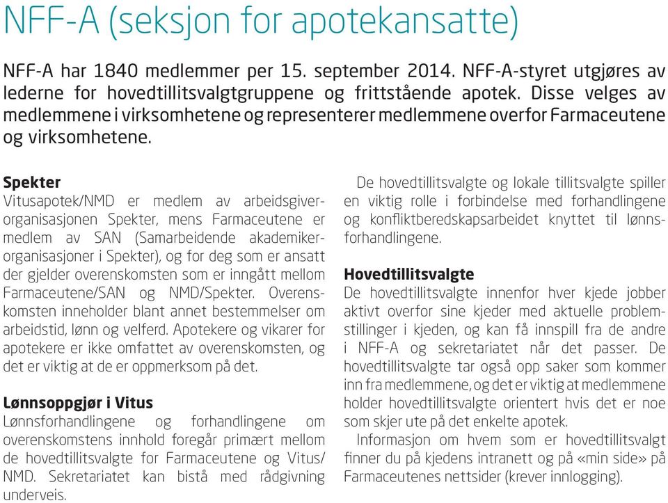 Spekter Vitusapotek/NMD er medlem av arbeidsgiverorganisasjonen Spekter, mens Farmaceutene er medlem av SAN (Samarbeidende akademikerorganisasjoner i Spekter), og for deg som er ansatt der gjelder