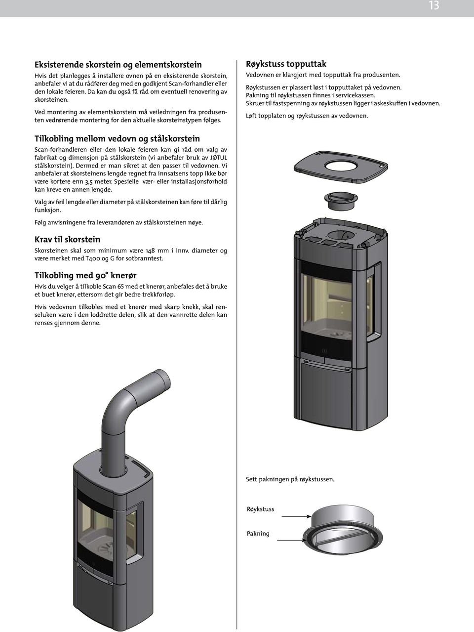 Røykstuss topputtak Vedovnen er klargjort med topputtak fra produsenten. Røykstussen er plassert løst i topputtaket på vedovnen. Pakning til røykstussen finnes i servicekassen.