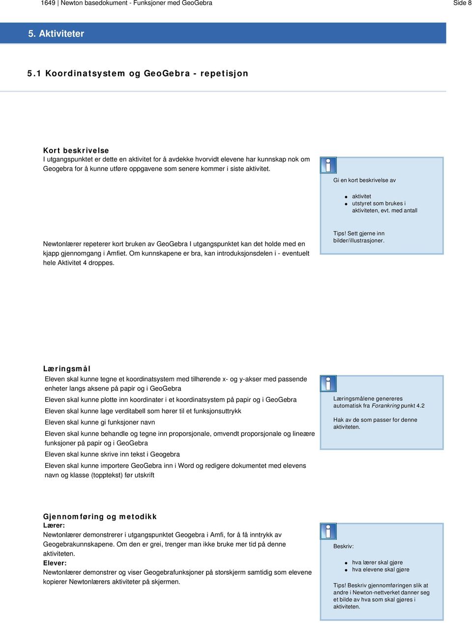 kommer i siste aktivitet. Gi en kort beskrivelse av aktivitet utstyret som brukes i aktiviteten, evt.