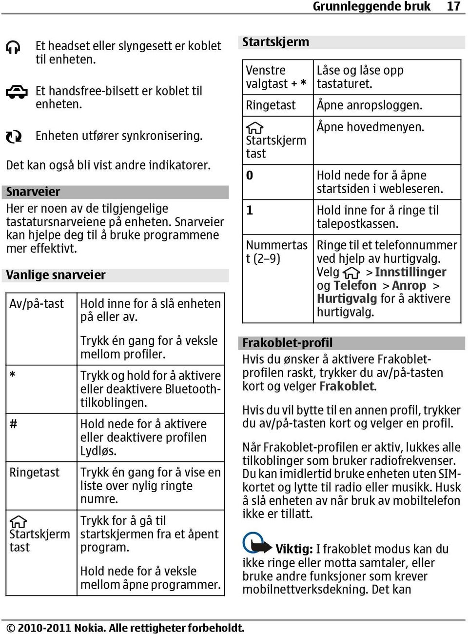 Vanlige snarveier Av/på-tast Hold inne for å slå enheten på eller av. Trykk én gang for å veksle mellom profiler. * Trykk og hold for å aktivere eller deaktivere Bluetoothtilkoblingen.