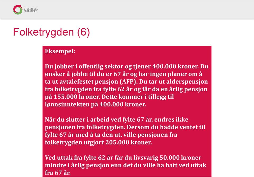 Du tar ut alderspensjon fra folketrygden fra fylte 62 år og får da en årlig pensjon på 155.000 kroner.