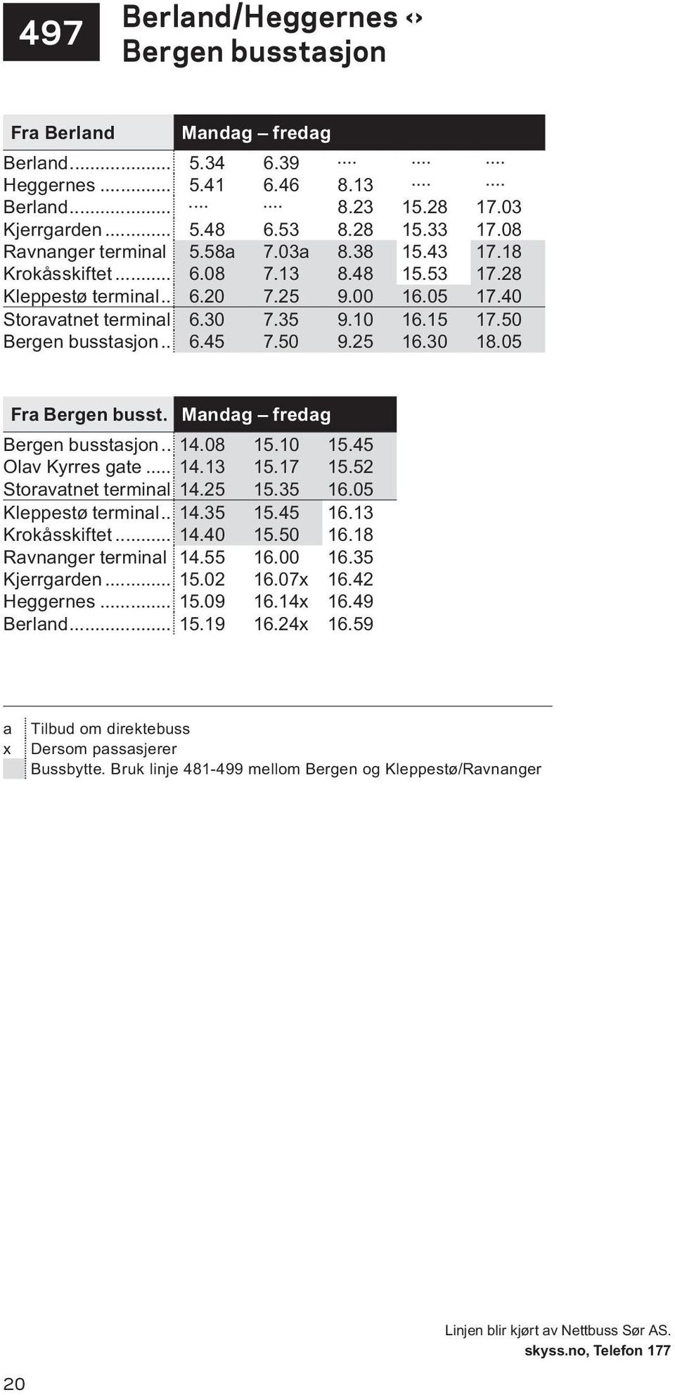 50 Bergen busstasjon... 6.45 7.50 9.25 16.30 18.05 Fra Bergen busst. Mandag fredag Bergen busstasjon... 14.08 15.10 15.45 Olav Kyrres gate... 14.13 15.17 15.52 Storavatnet terminal 14.25 15.35 16.