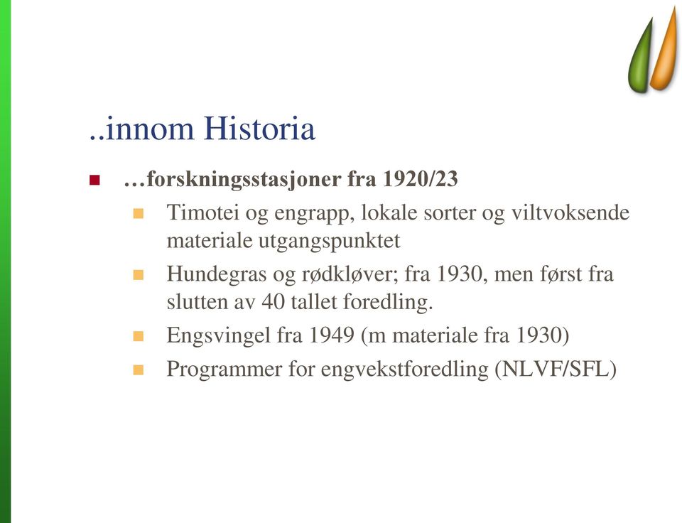 rødkløver; fra 1930, men først fra slutten av 40 tallet foredling.