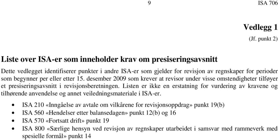 desember 2009 som krever at revisor under visse omstendigheter tilføyer et presiseringsavsnitt i revisjonsberetningen.