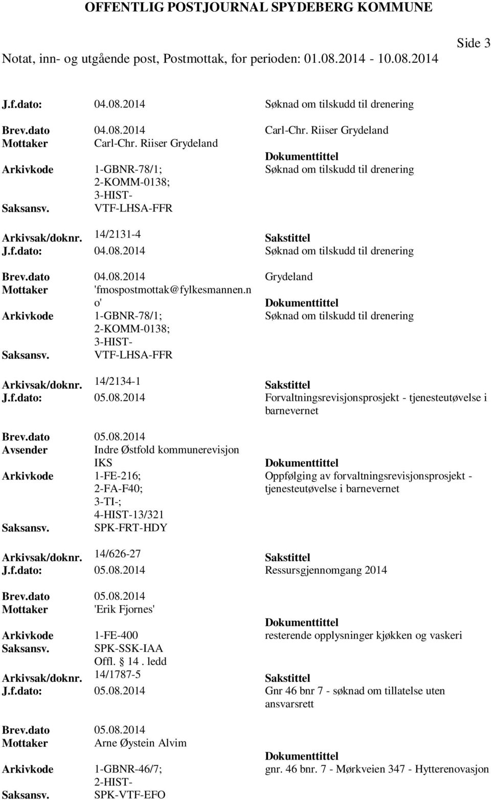 n o' 1-GBNR-78/1; Søknad om tilskudd til drenering 2-KOMM-0138; VTF-LHSA-FFR Arkivsak/doknr. 14/2134-1 Sakstittel J.f.dato: 05.08.