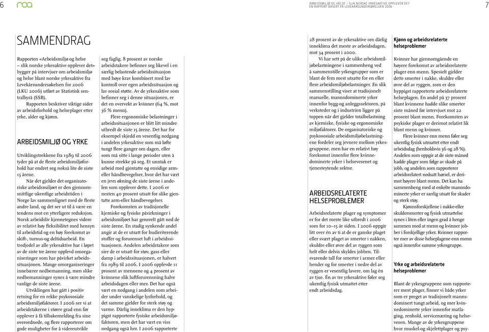 Arbeidsmiljø og yrke Utviklingstrekkene fra 1989 til 2006 tyder på at de fleste arbeidsmiljøforhold har endret seg nokså lite de siste 15 årene.