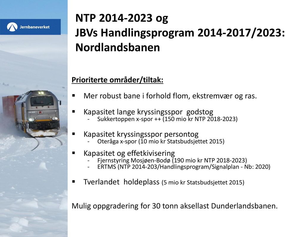 (10 mio kr Statsbudsjettet 2015) Kapasitet og effetkivisering - Fjernstyring Mosjøen-Bodø (190 mio kr NTP 2018-2023) - ERTMS (NTP