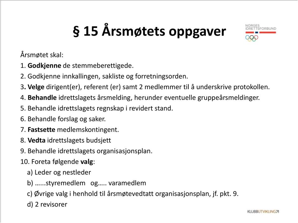 Behandle idrettslagets regnskap i revidert stand. 6. Behandle forslag og saker. 7. Fastsette medlemskontingent. 8. Vedta idrettslagets budsjett 9.