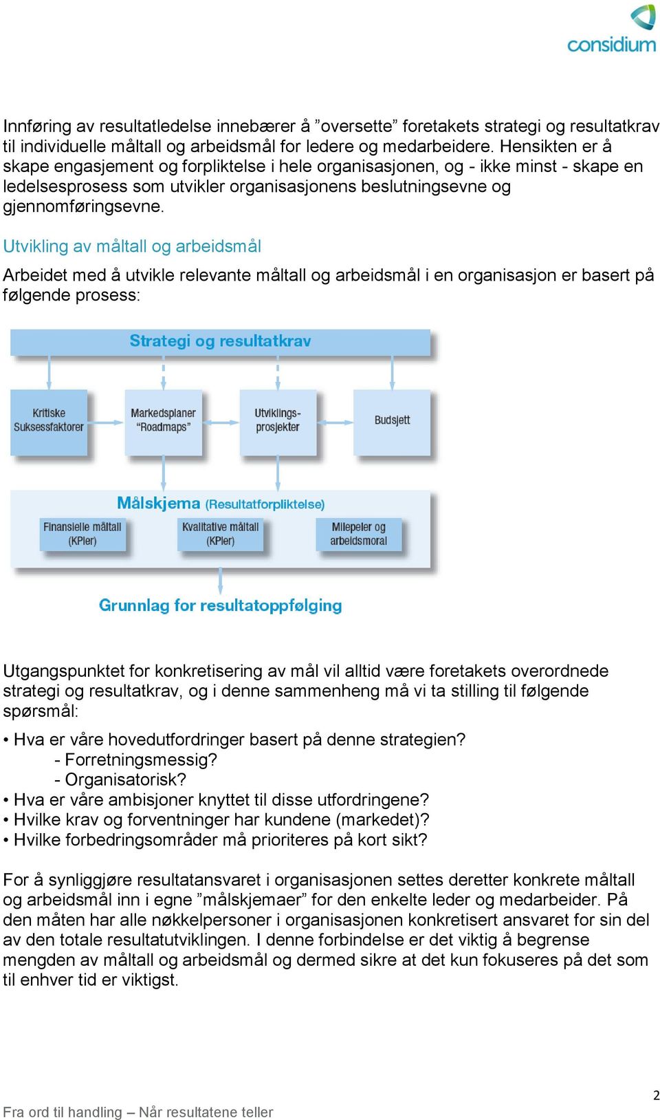 Utvikling av måltall og arbeidsmål Arbeidet med å utvikle relevante måltall og arbeidsmål i en organisasjon er basert på følgende prosess: Utgangspunktet for konkretisering av mål vil alltid være