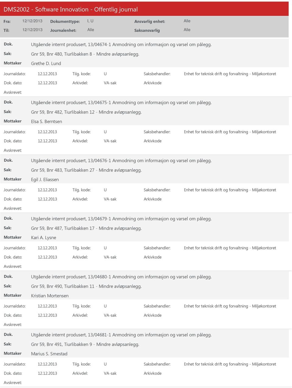 Berntsen dato: tgående internt produsert, 13/04676-1 Anmodning om informasjon og varsel om pålegg. Gnr 59, Bnr 483, Tiurlibakken 27 - Mindre avløpsanlegg. Egil J.