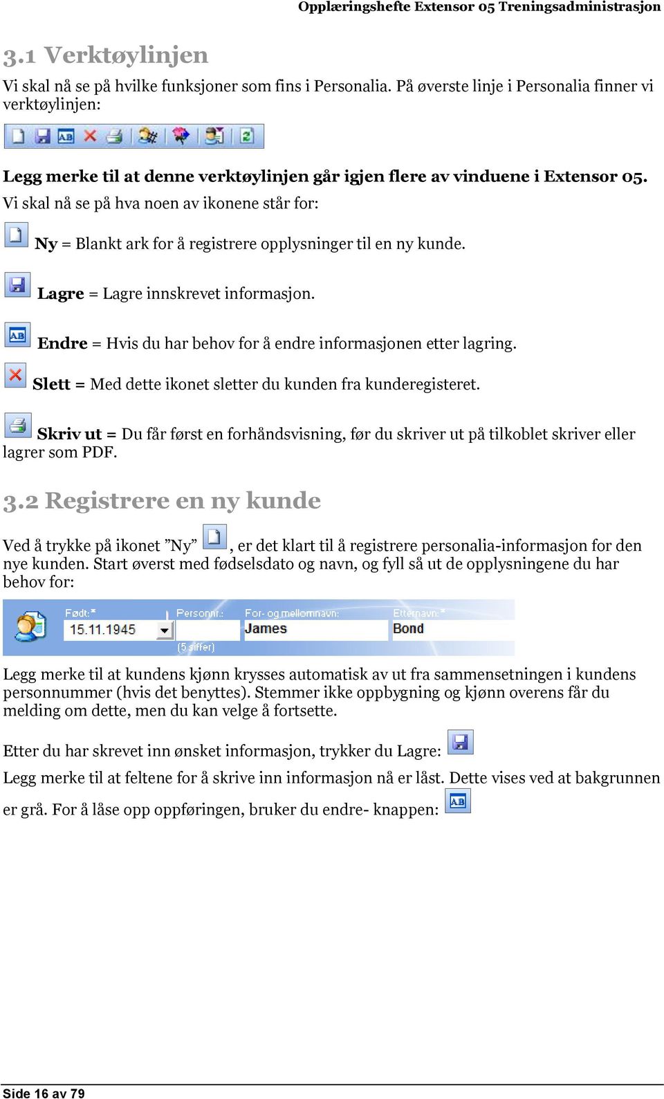 Vi skal nå se på hva noen av ikonene står for: Ny = Blankt ark for å registrere opplysninger til en ny kunde. Lagre = Lagre innskrevet informasjon.