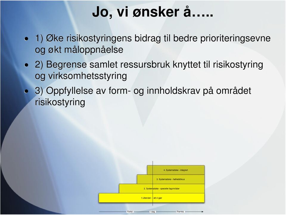 prioriteringsevne og økt måloppnåelse 2) Begrense samlet