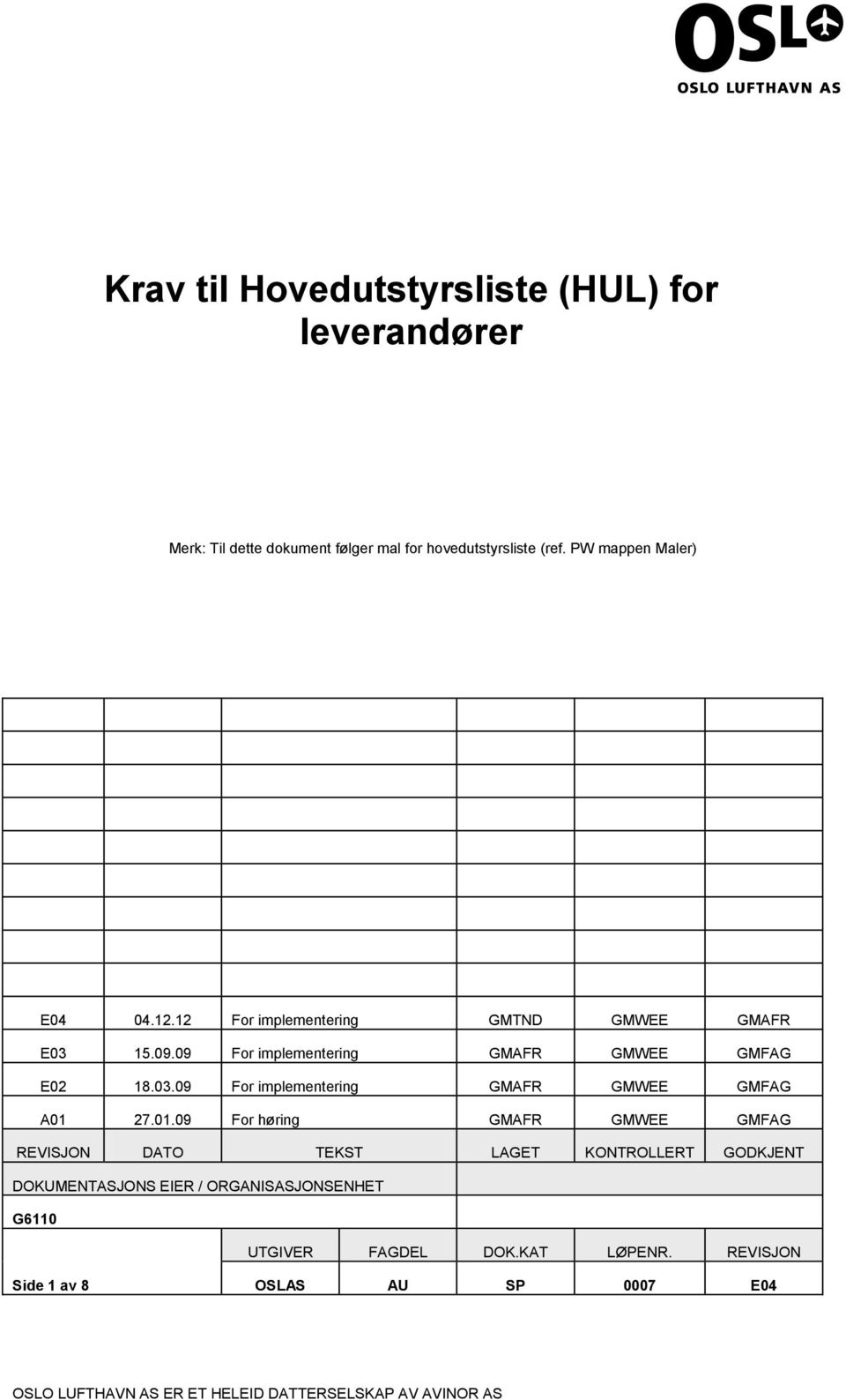 01.09 For høring GMAFR GMWEE GMFAG REVISJON DATO TEKST LAGET KONTROLLERT GODKJENT DOKUMENTASJONS EIER / ORGANISASJONSENHET G6110 UTGIVER