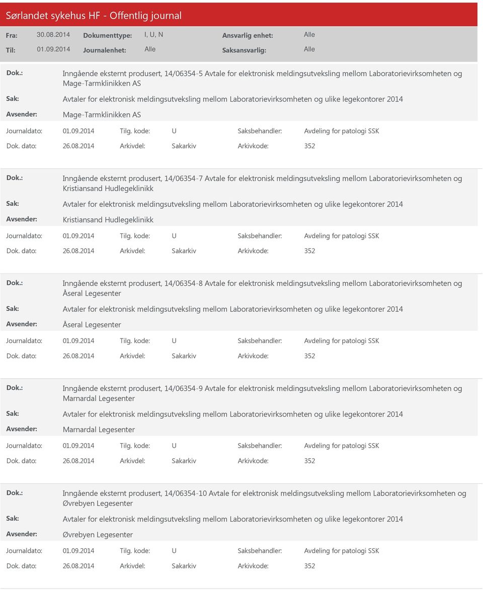 Dok. dato: 26.08.2014 Arkivdel: Sakarkiv Inngående eksternt produsert, 14/06354-8 Avtale for elektronisk meldingsutveksling mellom Laboratorievirksomheten og Åseral Legesenter Åseral Legesenter Dok.