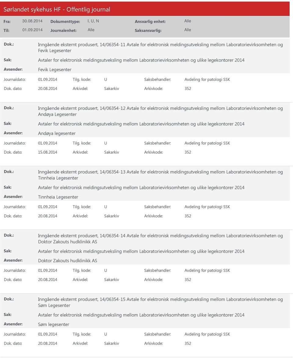 2014 Arkivdel: Sakarkiv Inngående eksternt produsert, 14/06354-13 Avtale for elektronisk meldingsutveksling mellom Laboratorievirksomheten og Tinnheia Legesenter Tinnheia Legesenter Dok. dato: 20.08.