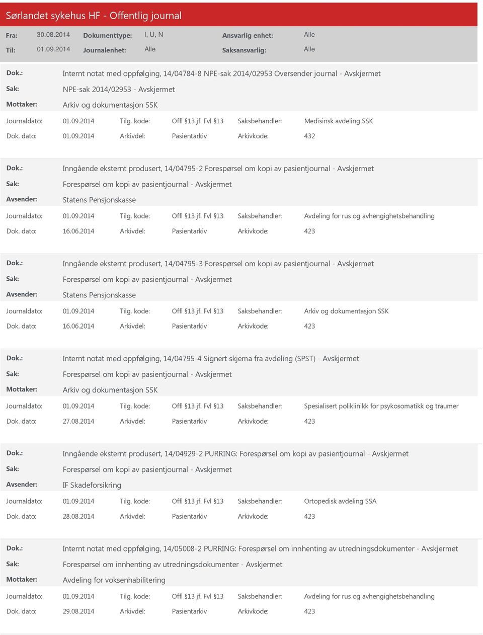 2014 Arkivdel: Pasientarkiv Arkivkode: 423 Inngående eksternt produsert, 14/04795-3 Statens Pensjonskasse Dok. dato: 16.06.