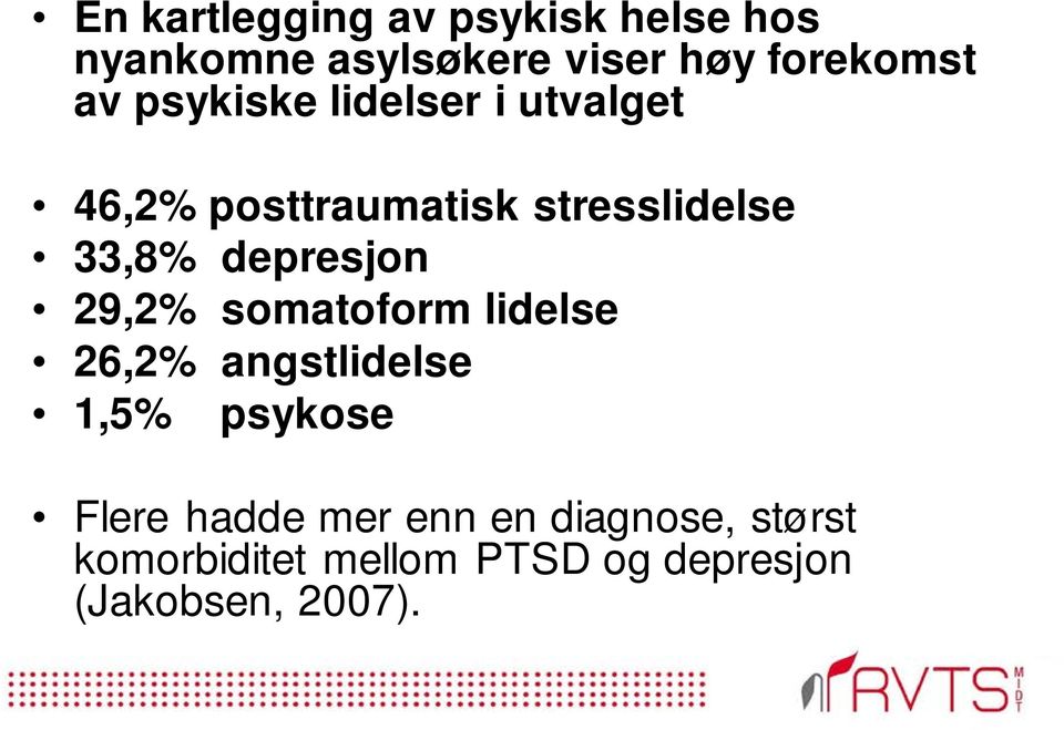 depresjon 29,2% somatoform lidelse 26,2% angstlidelse 1,5% psykose Flere