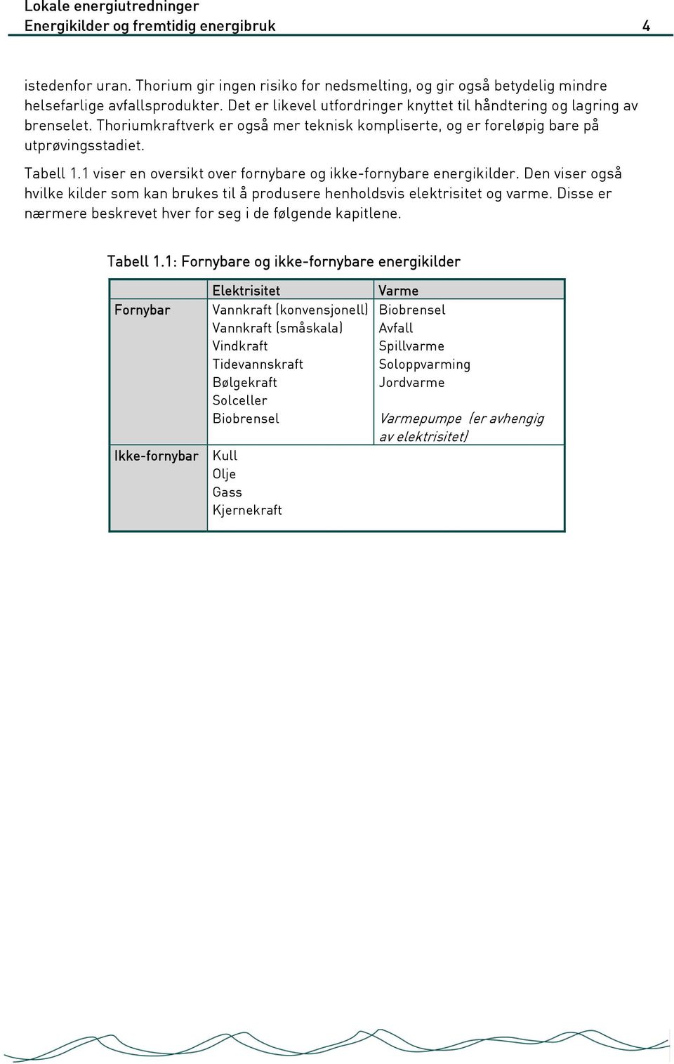 1 viser en oversikt over fornybare og ikke-fornybare energikilder. Den viser også hvilke kilder som kan brukes til å produsere henholdsvis elektrisitet og varme.