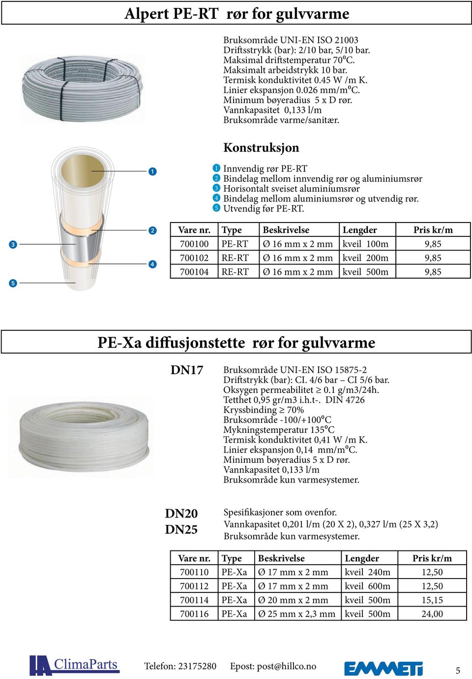 Konstruksjon 1 2 3 4 5 Innvendig rør PE-RT Bindelag mellom innvendig rør og aluminiumsrør Horisontalt sveiset aluminiumsrør Bindelag mellom aluminiumsrør og utvendig rør. Utvendig før PE-RT. Vare nr.