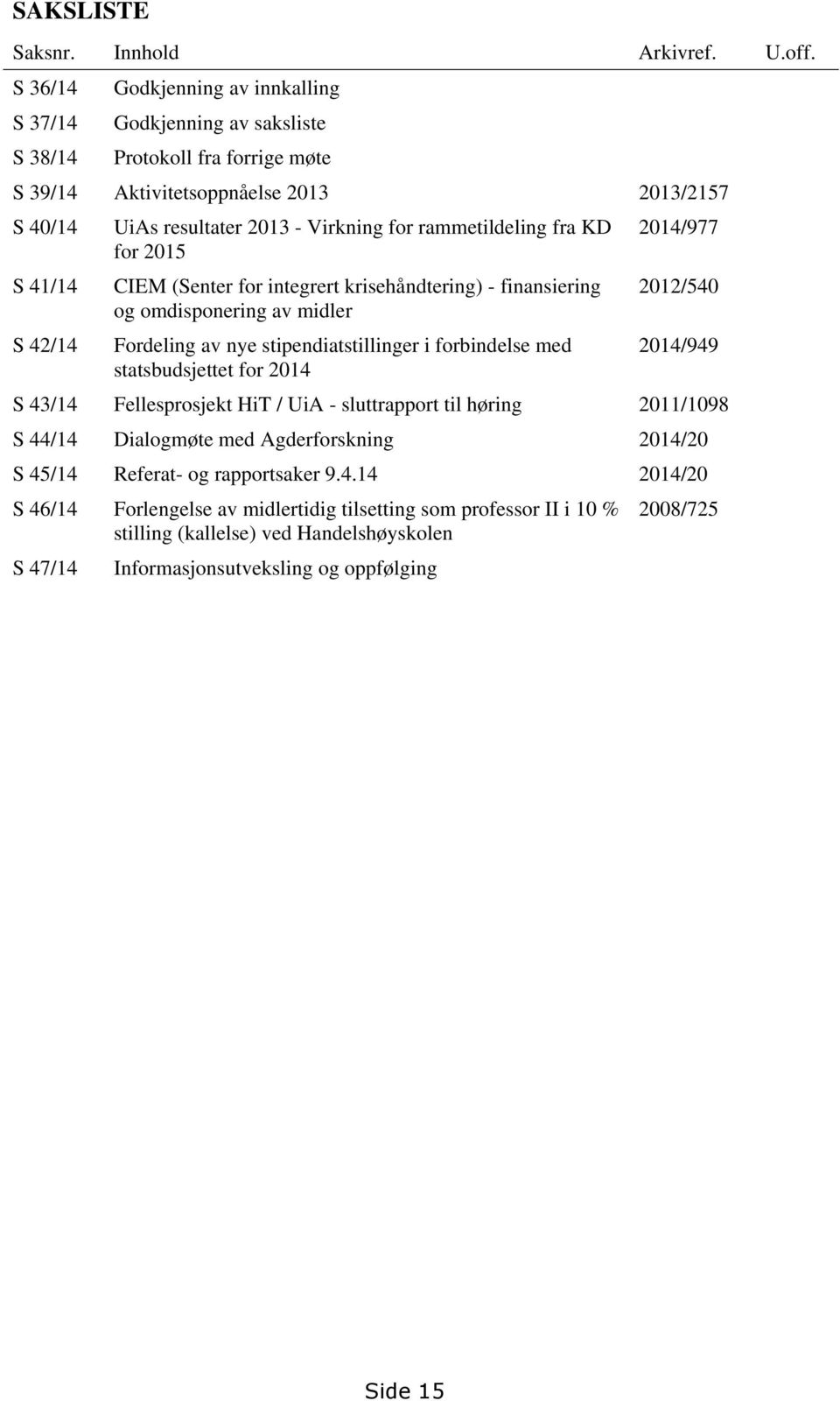 rammetildeling fra KD 2014/977 for 2015 S 41/14 CIEM (Senter for integrert krisehåndtering) - finansiering 2012/540 og omdisponering av midler S 42/14 Fordeling av nye stipendiatstillinger i