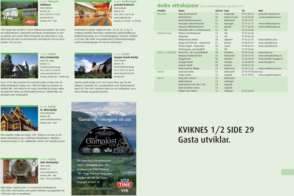 Omvising for små og større grupper, 40 kr pr pers. Produkt: Kyrkje Hove Steinkyrkje Stad: Vik i Sogn Kartref.: C3 Fortidsminneforeninga Tel: (+47) 57 67 88 40 www.stavechurch.