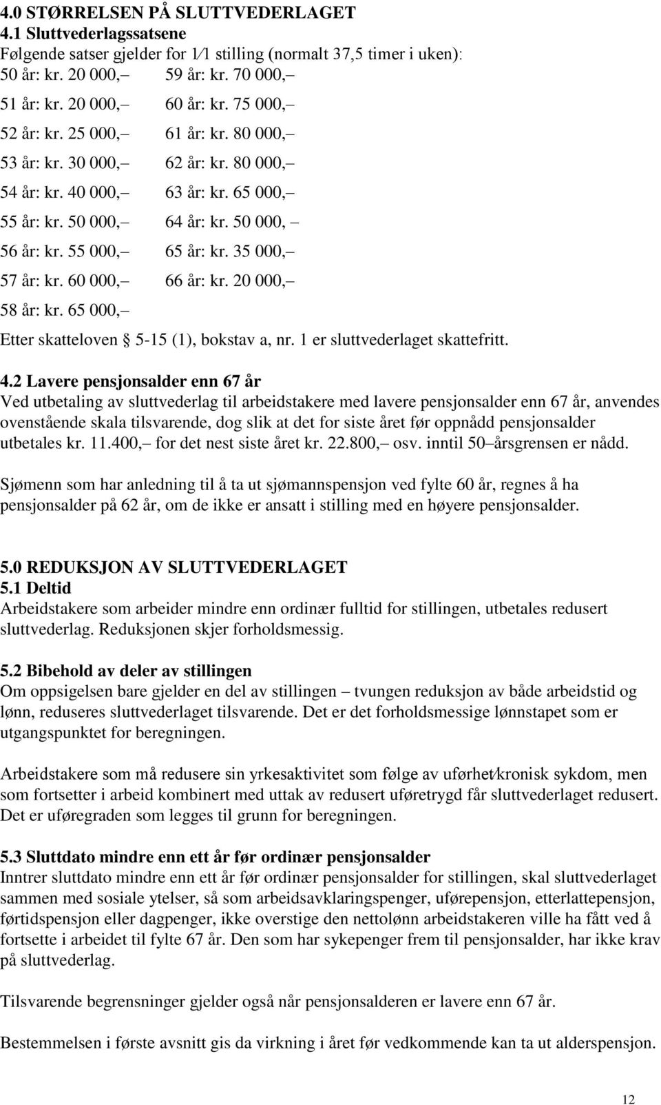 35 000, 57 år: kr. 60 000, 66 år: kr. 20 000, 58 år: kr. 65 000, Etter skatteloven 5-15 (1), bokstav a, nr. 1 er sluttvederlaget skattefritt. 4.