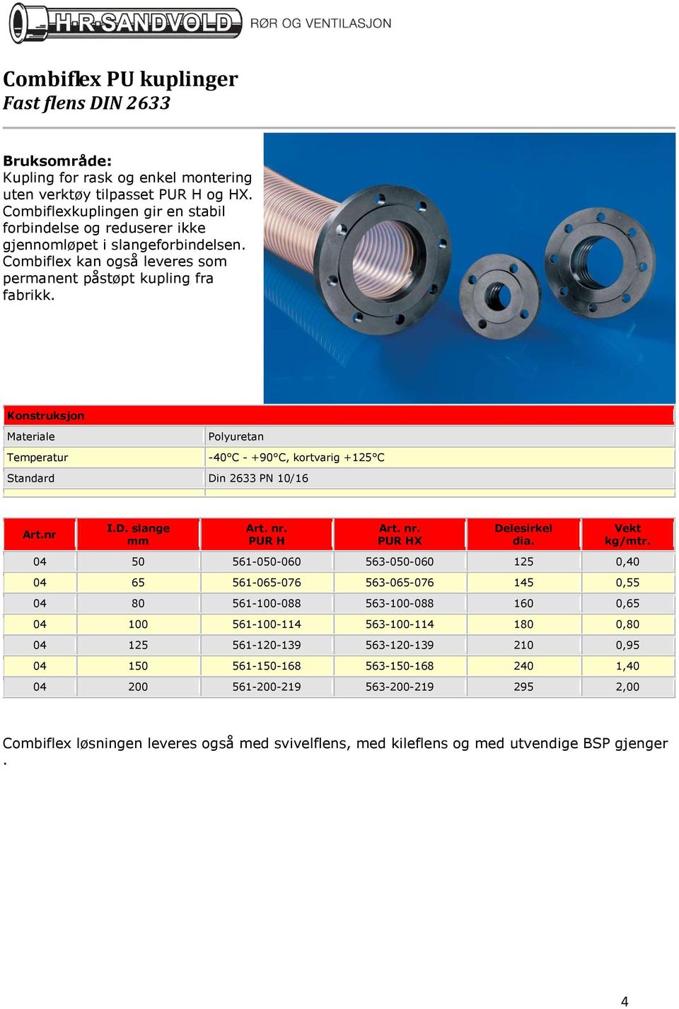 Materiale Polyuretan -40 C - +90 C, kortvarig +125 C Din 2633 PN 10/16 slange Art. nr. PUR H Art. nr. PUR HX Delesirkel dia.