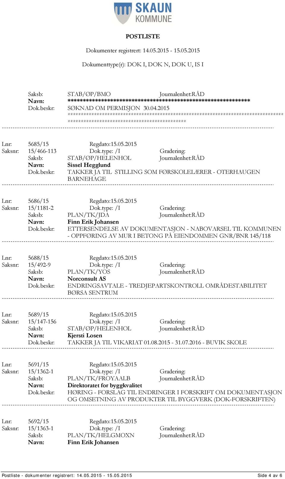 type: /I Gradering: Saksb: PLAN/TK/JDA Journalenhet:RÅD Finn Erik Johansen ETTERSENDELSE AV DOKUMENTASJON - NABOVARSEL TIL KOMMUNEN - OPPFØRING AV MUR I BETONG PÅ EIENDOMMEN GNR/BNR 145/118 Lnr: