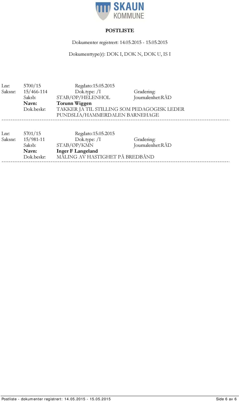 PEDAGOGISK LEDER PUNDSLIA/HAMMERDALEN BARNEHAGE Lnr: 5701/15 Regdato:15.05.2015 Saksnr: 15/981-11 Dok.