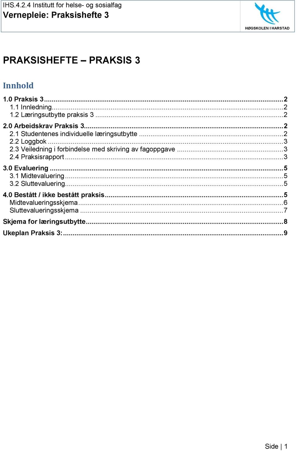 3 Veiledning i forbindelse med skriving av fagoppgave... 3 2.4 Praksisrapport... 3 3.0 Evaluering... 5 3.1 Midtevaluering... 5 3.2 Sluttevaluering.