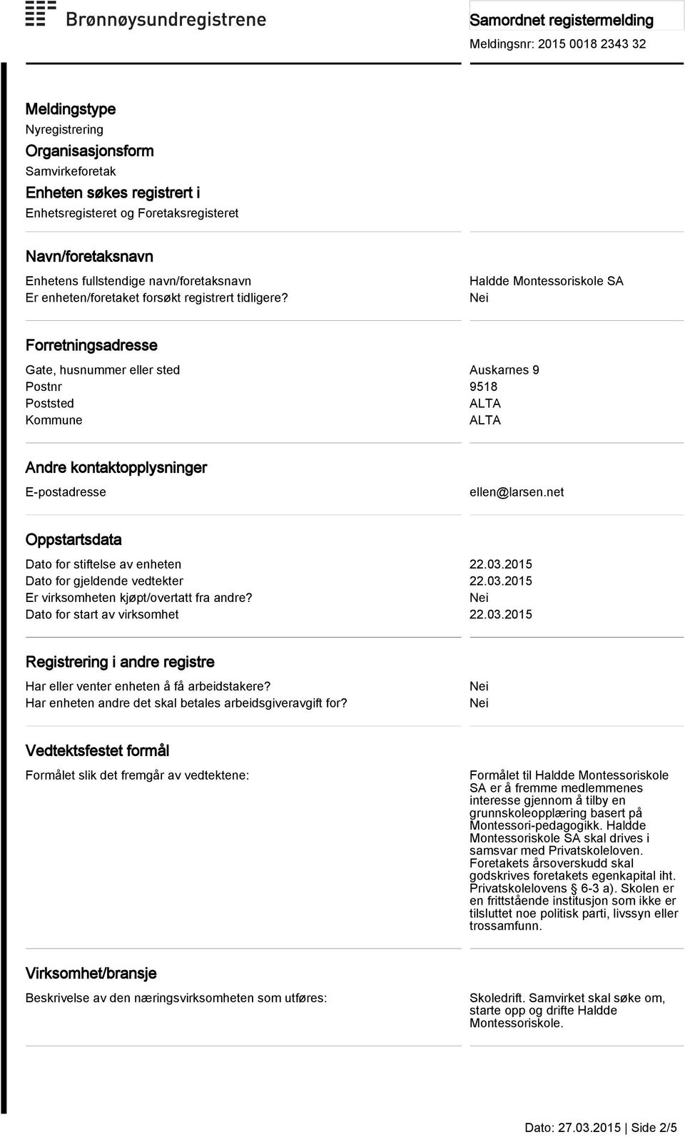 Haldde Montessoriskole SA Forretningsadresse Gate, husnummer eller sted Auskarnes 9 Postnr 9518 Poststed ALTA Kommune ALTA Andre kontaktopplysninger E-postadresse ellen@larsen.