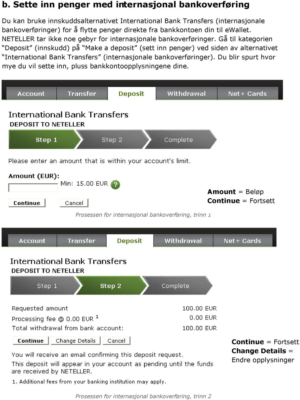 Gå til kategorien Deposit (innskudd) på Make a deposit (sett inn penger) ved siden av alternativet International Bank Transfers (internasjonale bankoverføringer).