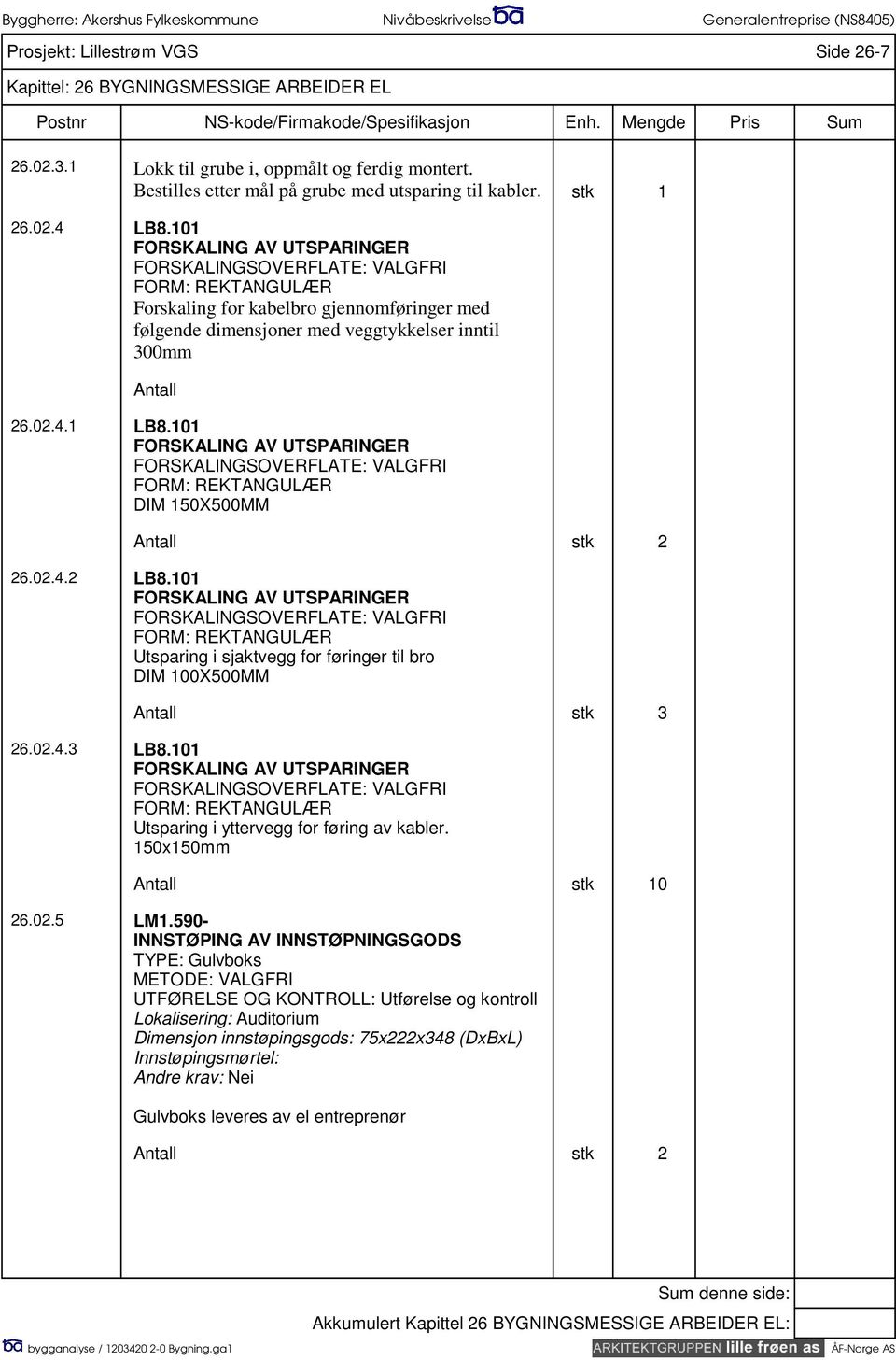 101 FORSKALING AV UTSPARINGER FORSKALINGSOVERFLATE: VALGFRI FORM: REKTANGULÆR DIM 150X500MM Antall stk 2 26.02.4.2 LB8.