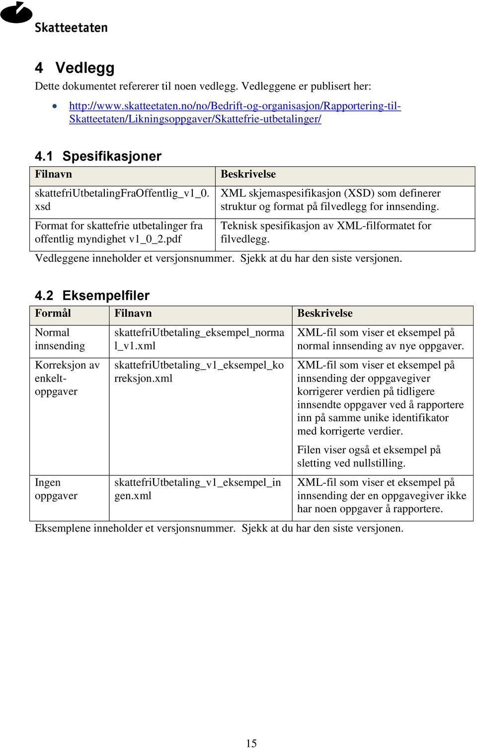 xsd Format for skattefrie utbetalinger fra offentlig myndighet v1_0_2.pdf Beskrivelse XML skjemaspesifikasjon (XSD) som definerer struktur og format på filvedlegg for innsending.