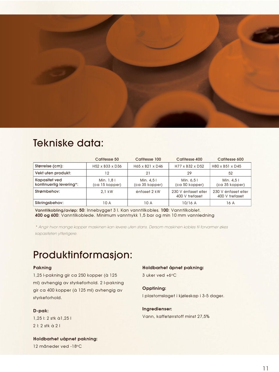 4,5 l (ca 35 kopper) 230 V énfaset eller 400 V trefaset Sikringsbehov: 10 A 10 A 10/16 A 16 A Vanntilkobling/avløp: 50: Innebygget 3 l. Kan vanntilkobles. 100: Vanntilkoblet.