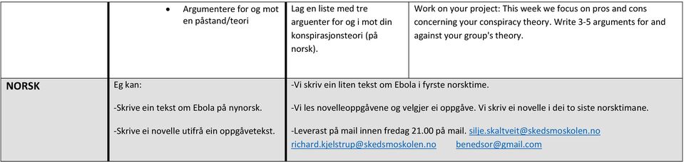 NORSK Eg kan: -Skrive ein tekst om Ebola på nynorsk. -Skrive ei novelle utifrå ein oppgåvetekst. -Vi skriv ein liten tekst om Ebola i fyrste norsktime.
