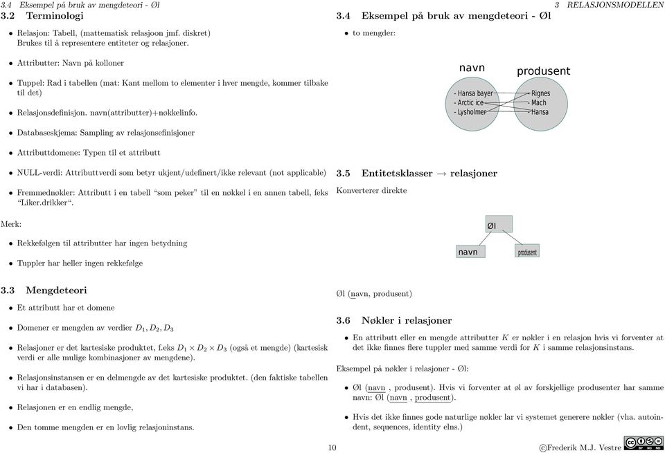 to mengder: Attributter: Navn på kolloner Tuppel: Rad i tabellen (mat: Kant mellom to elementer i hver mengde, kommer tilbake til det) Relasjonsdefinisjon. (attributter)+nøkkelinfo.