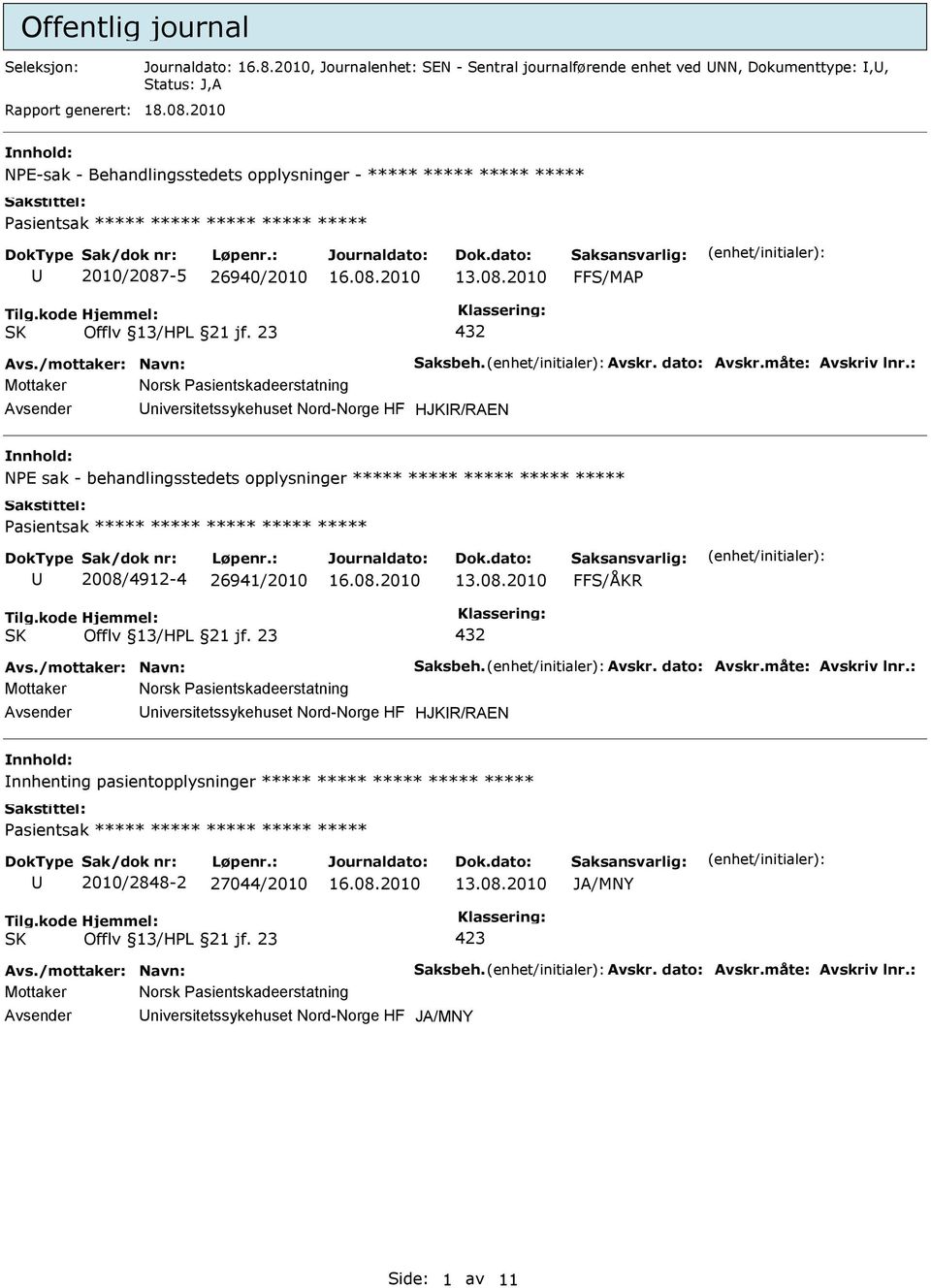 : niversitetssykehuset Nord-Norge HF HJKR/RAEN nnhold: NPE sak - behandlingsstedets opplysninger ***** ***** ***** ***** ***** 2008/4912-4 26941/2010 FFS/ÅKR Avs./mottaker: Navn: Saksbeh. Avskr.