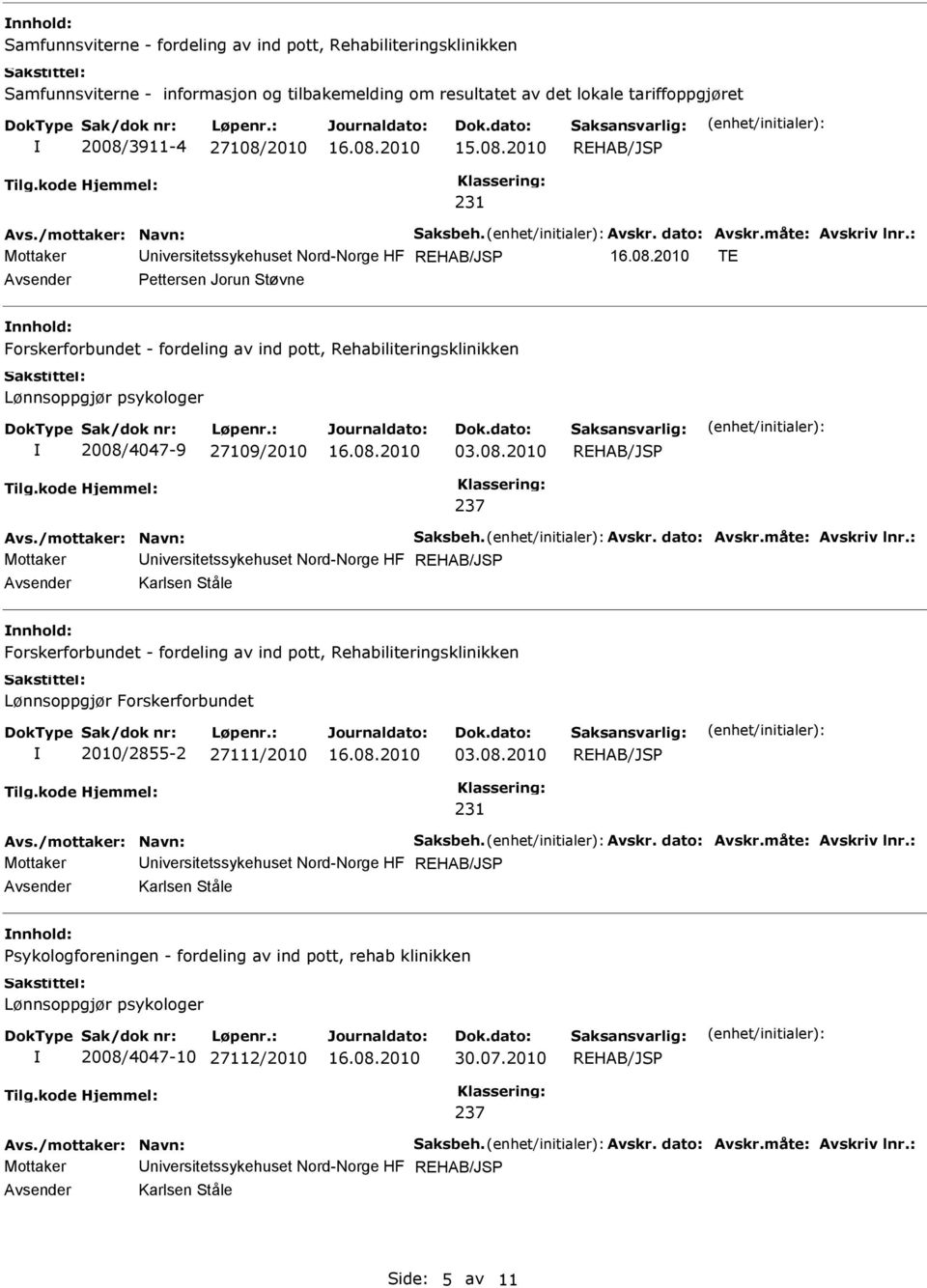 : Mottaker niversitetssykehuset Nord-Norge HF TE Pettersen Jorun Støvne nnhold: Forskerforbundet - fordeling av ind pott, Rehabiliteringsklinikken Lønnsoppgjør psykologer 2008/4047-9 27109/2010 03.08.2010 237 Avs.