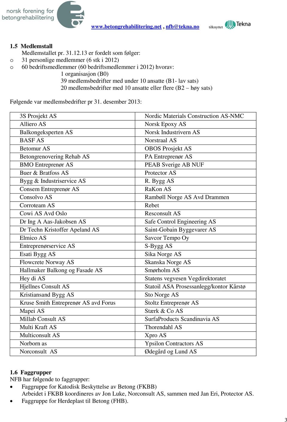 sats) 20 medlemsbedrifter med 10 ansatte eller flere (B2 høy sats) Følgende var medlemsbedrifter pr 31.