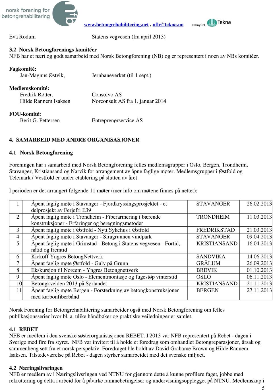 ) Medlemskomité: Fredrik Røtter, Consolvo AS Hilde Rannem Isaksen Norconsult AS fra 1. januar 2014 FOU-komité: Berit G. Pettersen Entreprenørservice AS 4. SAMARBEID MED ANDRE ORGANISASJONER 4.